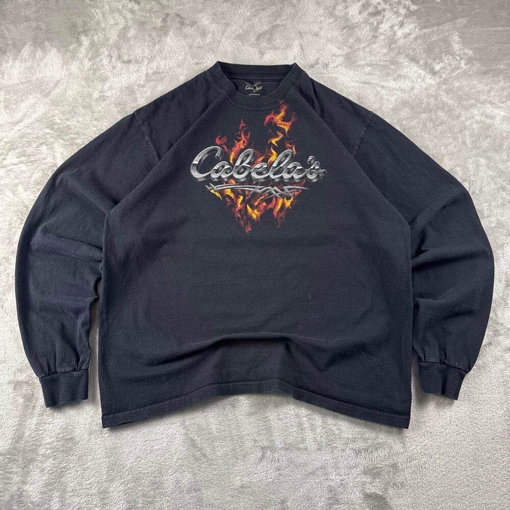 Cabelas Shirt Mens Medium Black Flame Logo Graphic Long Sleeve Cotton Tee